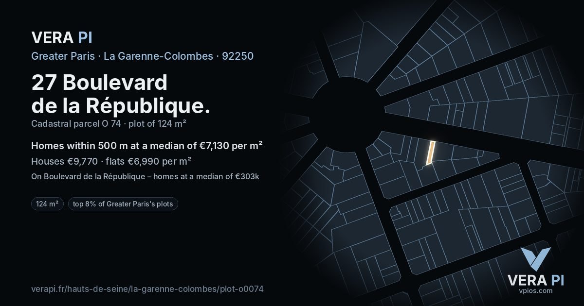 27 Boulevard de la République, La Garenne-Colombes at night – the plot lit, the parcels around coloured by the prices near them
