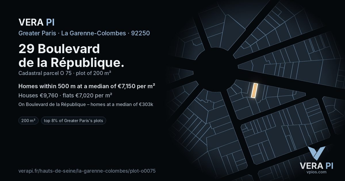 29 Boulevard de la République, La Garenne-Colombes at night – the plot lit, the parcels around coloured by the prices near them