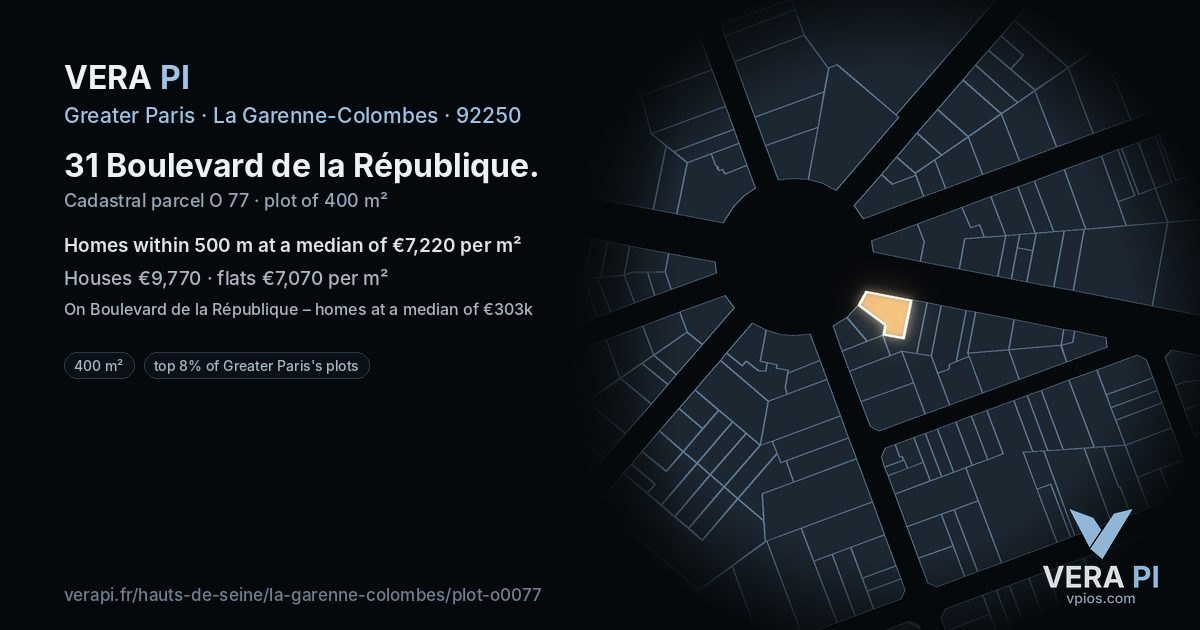 31 Boulevard de la République, La Garenne-Colombes at night – the plot lit, the parcels around coloured by the prices near them