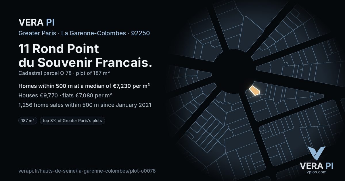 11 Rond Point du Souvenir Francais, La Garenne-Colombes at night – the plot lit, the parcels around coloured by the prices near them