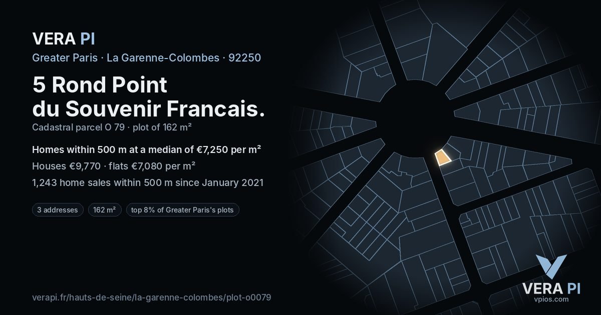 5 Rond Point du Souvenir Francais, La Garenne-Colombes at night – the plot lit, the parcels around coloured by the prices near them