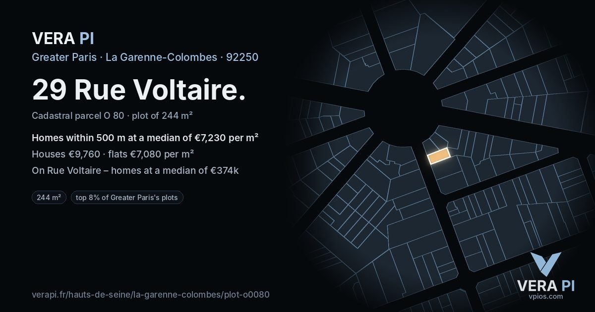 29 Rue Voltaire, La Garenne-Colombes at night – the plot lit, the parcels around coloured by the prices near them