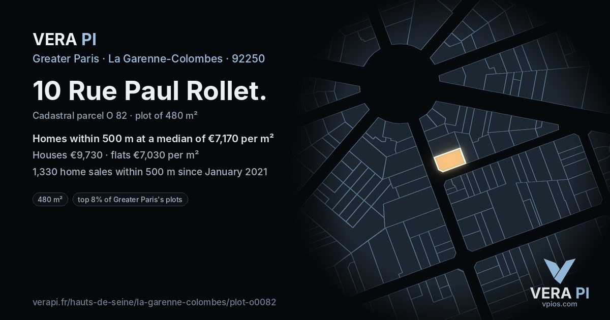 10 Rue Paul Rollet, La Garenne-Colombes at night – the plot lit, the parcels around coloured by the prices near them