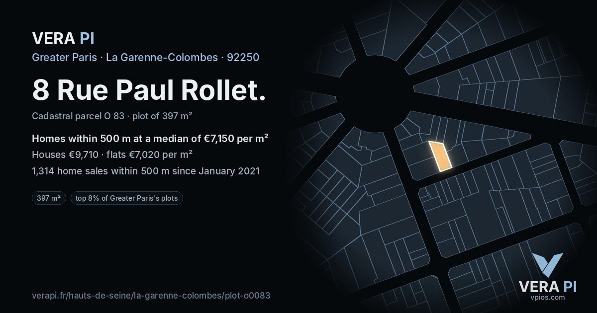 8 Rue Paul Rollet, La Garenne-Colombes at night – the plot lit, the parcels around coloured by the prices near them