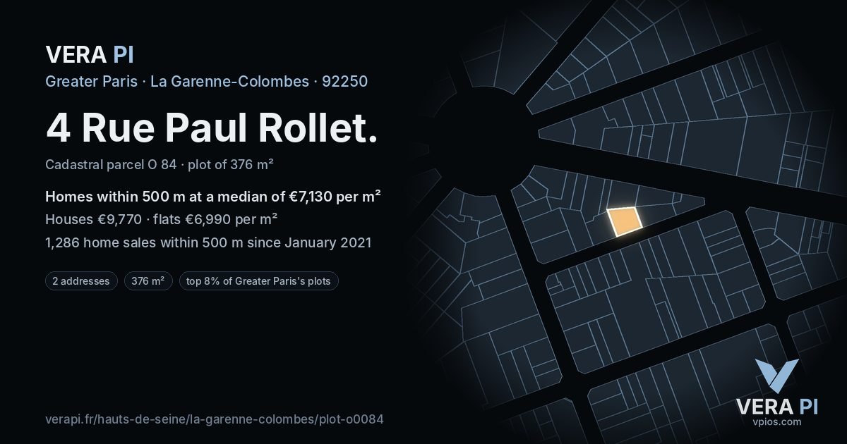 4 Rue Paul Rollet, La Garenne-Colombes at night – the plot lit, the parcels around coloured by the prices near them