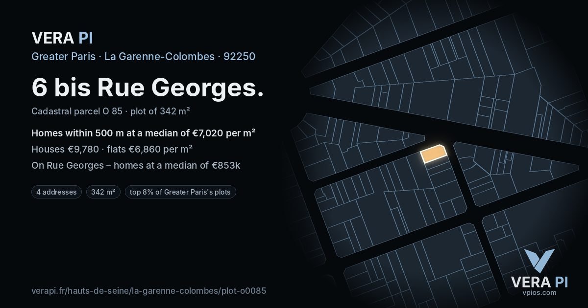 6 bis Rue Georges, La Garenne-Colombes at night – the plot lit, the parcels around coloured by the prices near them