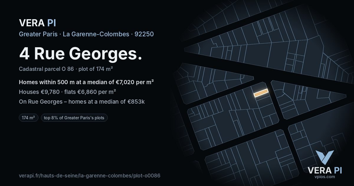 4 Rue Georges, La Garenne-Colombes at night – the plot lit, the parcels around coloured by the prices near them