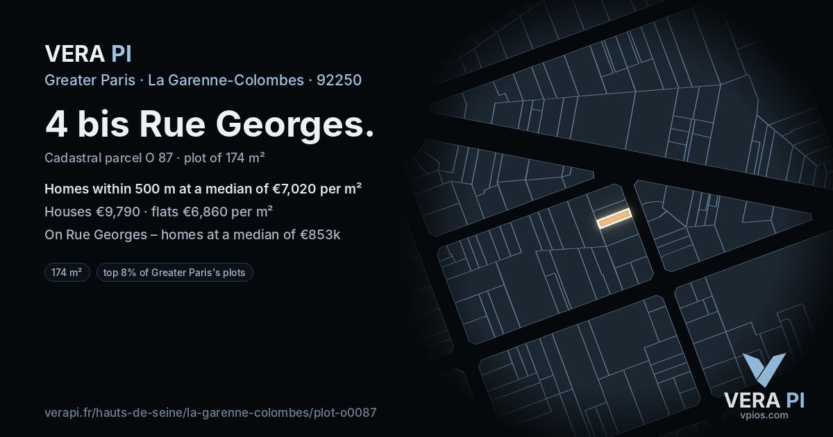 4 bis Rue Georges, La Garenne-Colombes at night – the plot lit, the parcels around coloured by the prices near them
