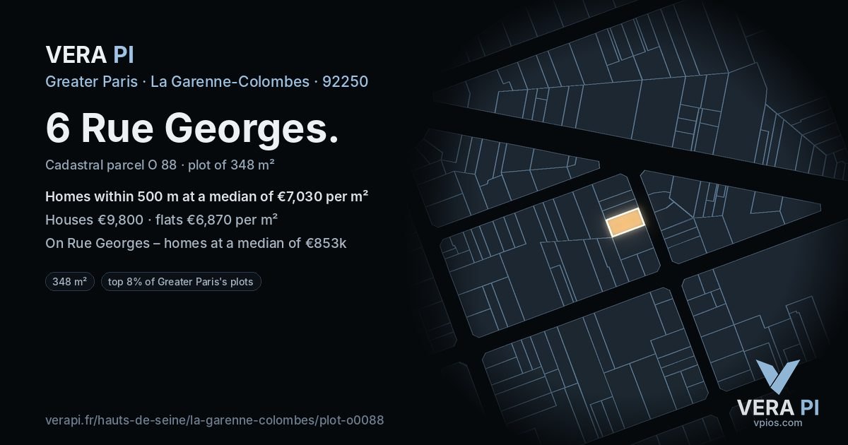6 Rue Georges, La Garenne-Colombes at night – the plot lit, the parcels around coloured by the prices near them