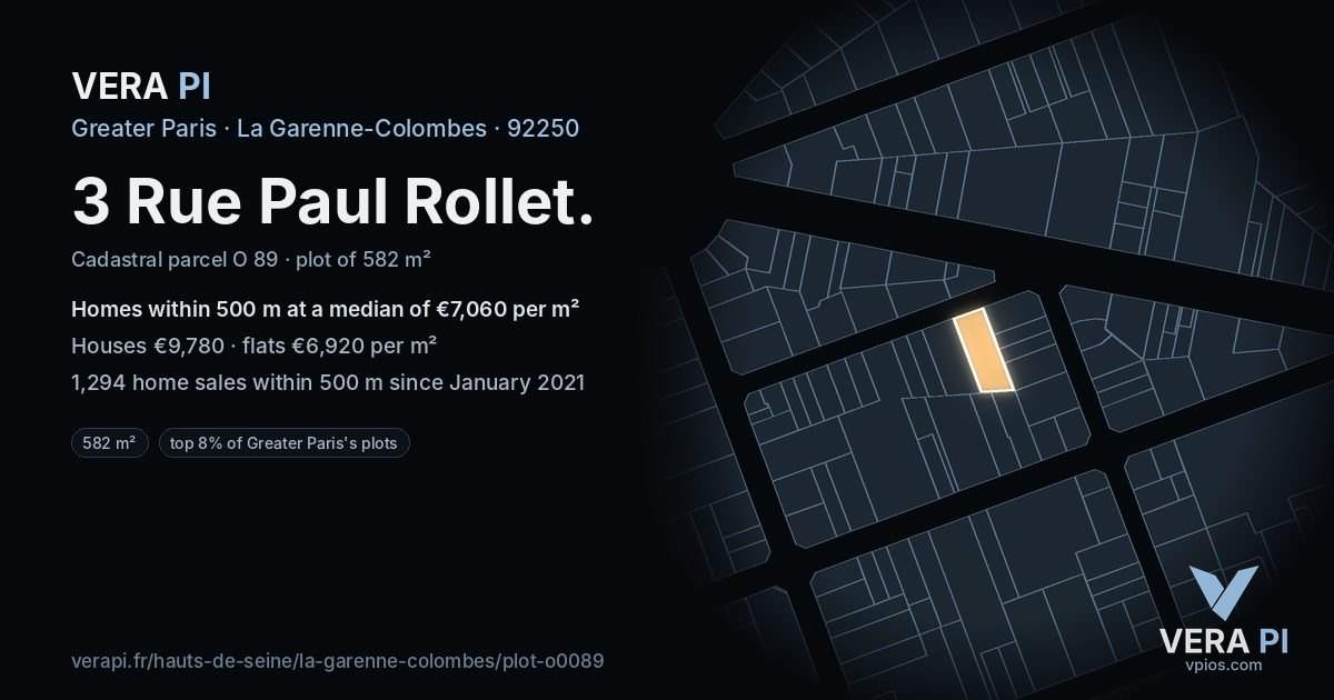 3 Rue Paul Rollet, La Garenne-Colombes at night – the plot lit, the parcels around coloured by the prices near them