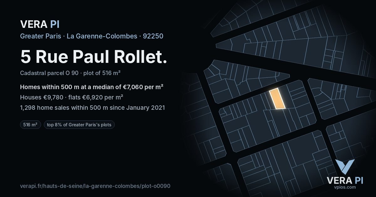 5 Rue Paul Rollet, La Garenne-Colombes at night – the plot lit, the parcels around coloured by the prices near them