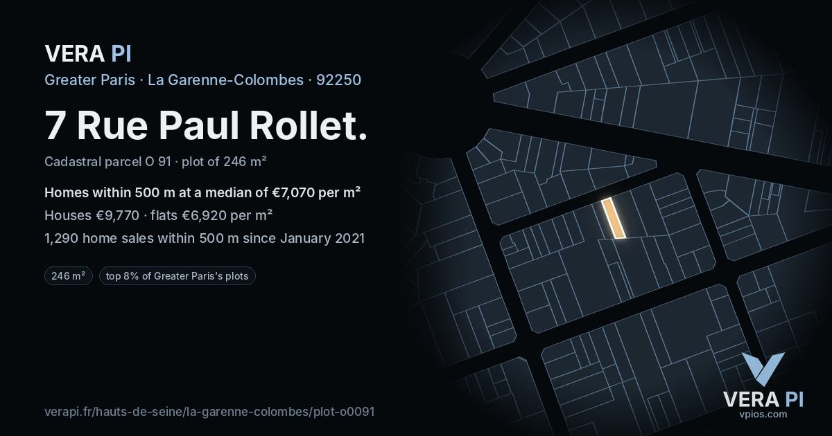 7 Rue Paul Rollet, La Garenne-Colombes at night – the plot lit, the parcels around coloured by the prices near them