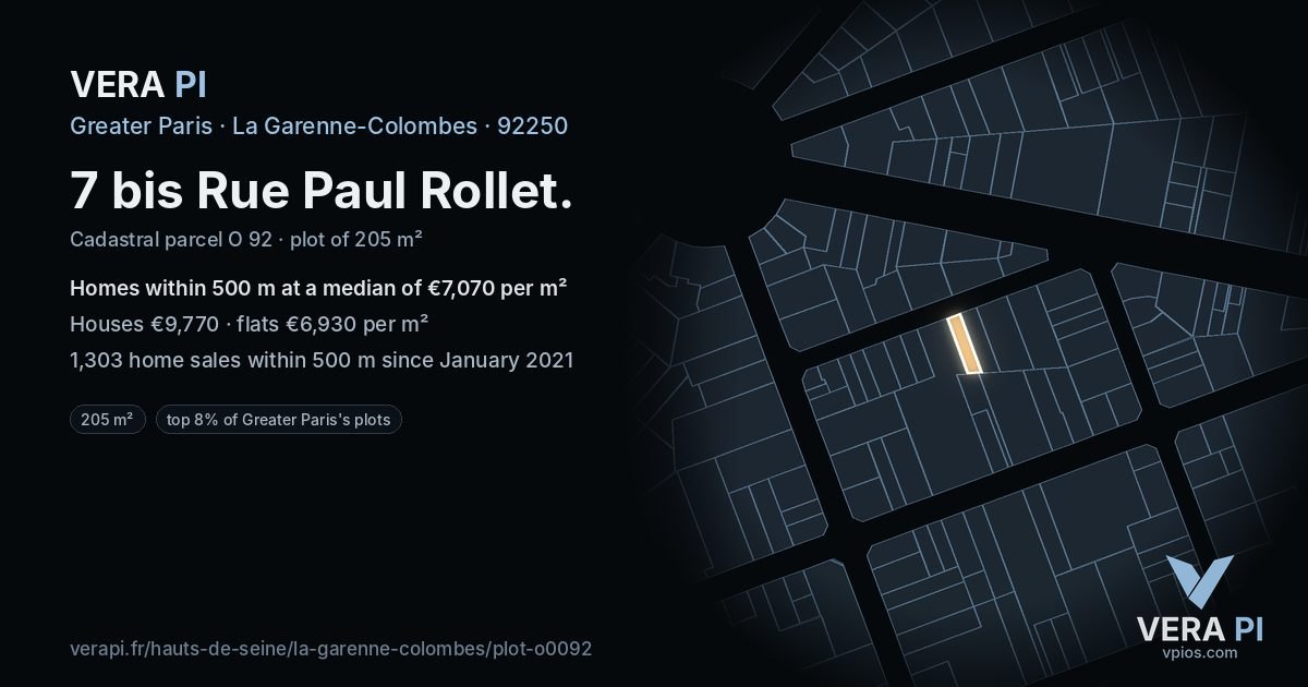 7 bis Rue Paul Rollet, La Garenne-Colombes at night – the plot lit, the parcels around coloured by the prices near them