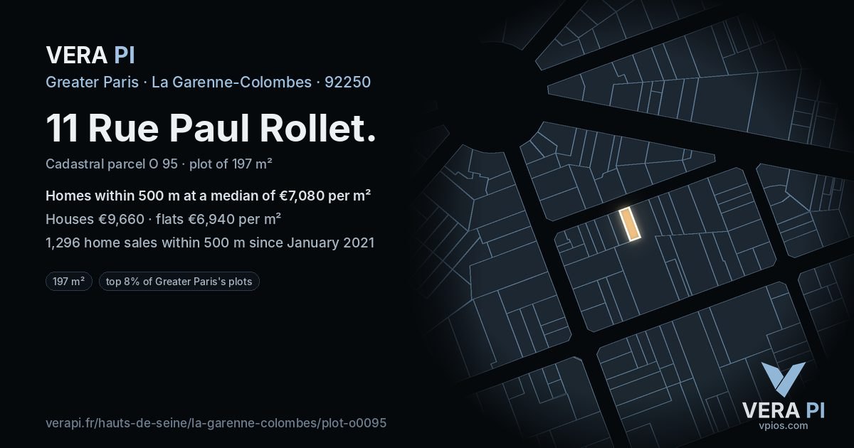 11 Rue Paul Rollet, La Garenne-Colombes at night – the plot lit, the parcels around coloured by the prices near them