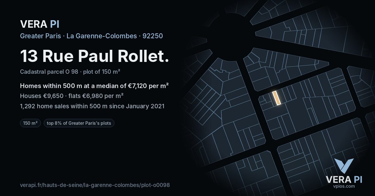 13 Rue Paul Rollet, La Garenne-Colombes at night – the plot lit, the parcels around coloured by the prices near them