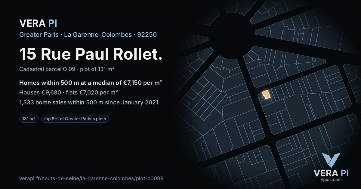 15 Rue Paul Rollet, La Garenne-Colombes at night – the plot lit, the parcels around coloured by the prices near them