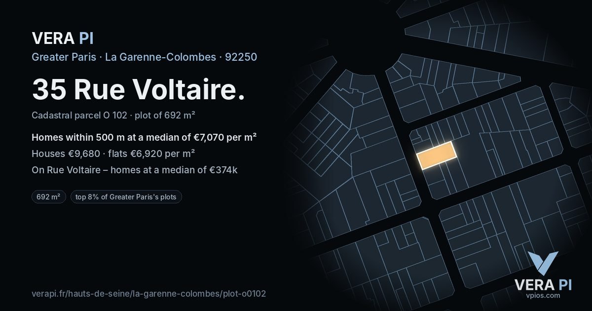 35 Rue Voltaire, La Garenne-Colombes at night – the plot lit, the parcels around coloured by the prices near them