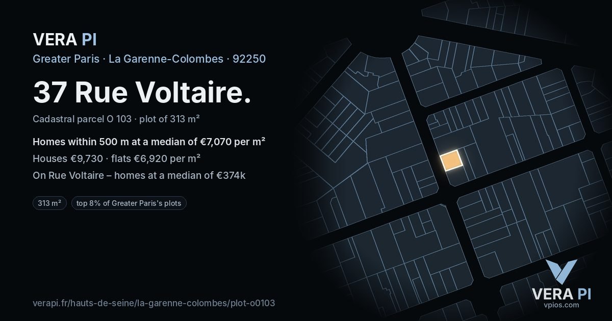 37 Rue Voltaire, La Garenne-Colombes at night – the plot lit, the parcels around coloured by the prices near them