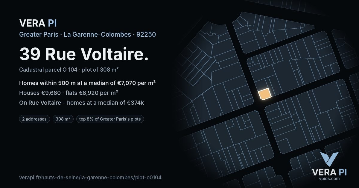 39 Rue Voltaire, La Garenne-Colombes at night – the plot lit, the parcels around coloured by the prices near them