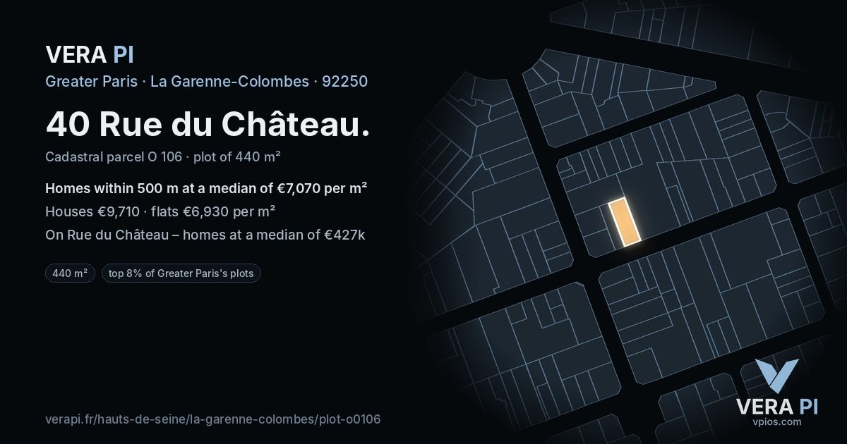 40 Rue du Château, La Garenne-Colombes at night – the plot lit, the parcels around coloured by the prices near them
