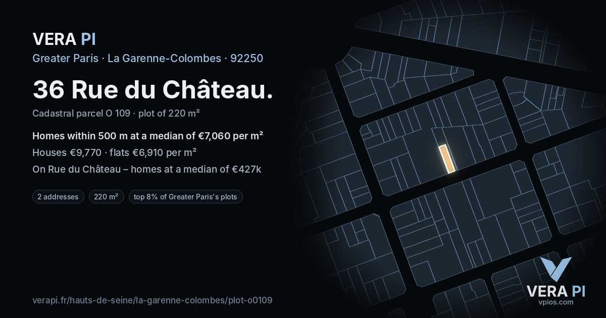 36 Rue du Château, La Garenne-Colombes at night – the plot lit, the parcels around coloured by the prices near them