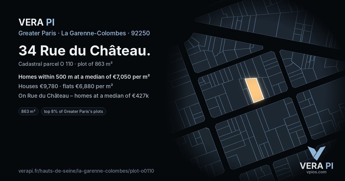 34 Rue du Château, La Garenne-Colombes at night – the plot lit, the parcels around coloured by the prices near them