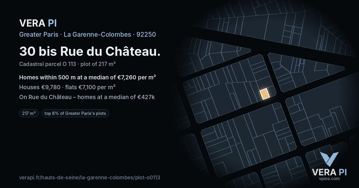 30 bis Rue du Château, La Garenne-Colombes at night – the plot lit, the parcels around coloured by the prices near them
