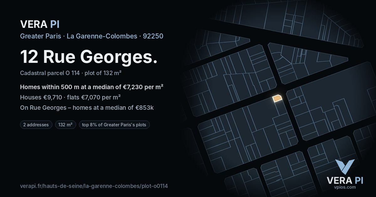 12 Rue Georges, La Garenne-Colombes at night – the plot lit, the parcels around coloured by the prices near them