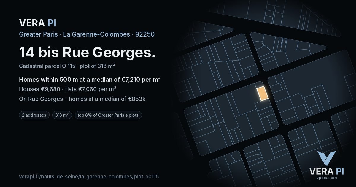 14 bis Rue Georges, La Garenne-Colombes at night – the plot lit, the parcels around coloured by the prices near them