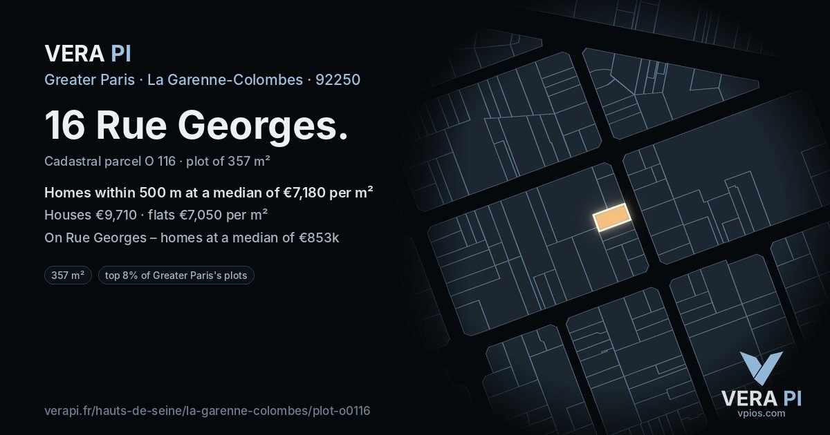 16 Rue Georges, La Garenne-Colombes at night – the plot lit, the parcels around coloured by the prices near them