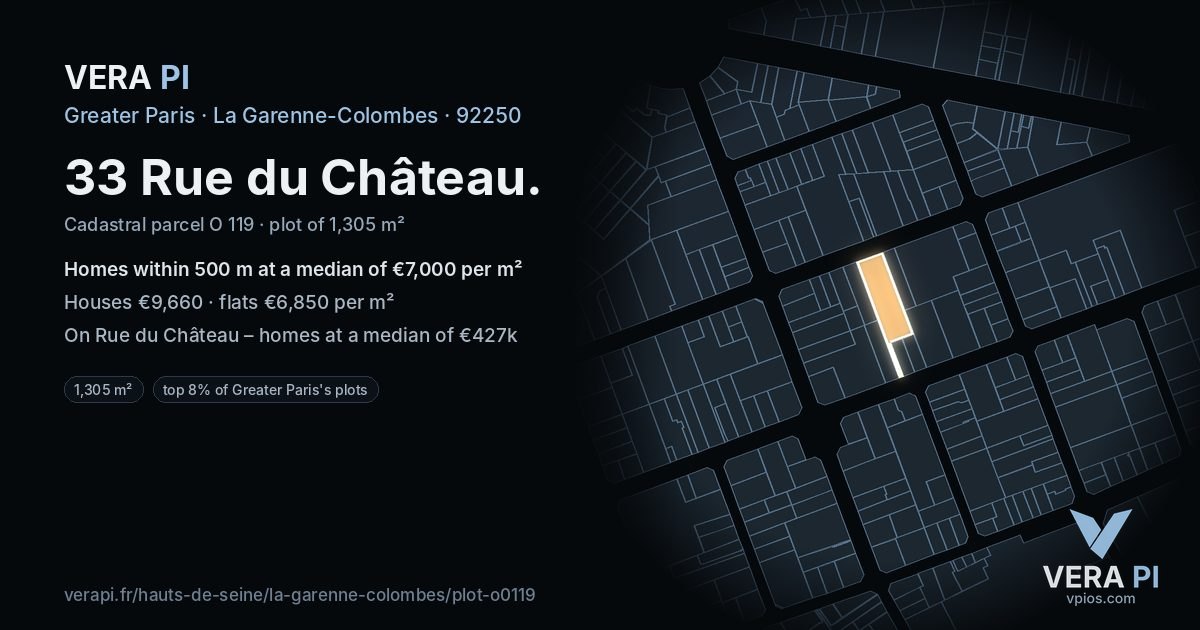 33 Rue du Château, La Garenne-Colombes at night – the plot lit, the parcels around coloured by the prices near them