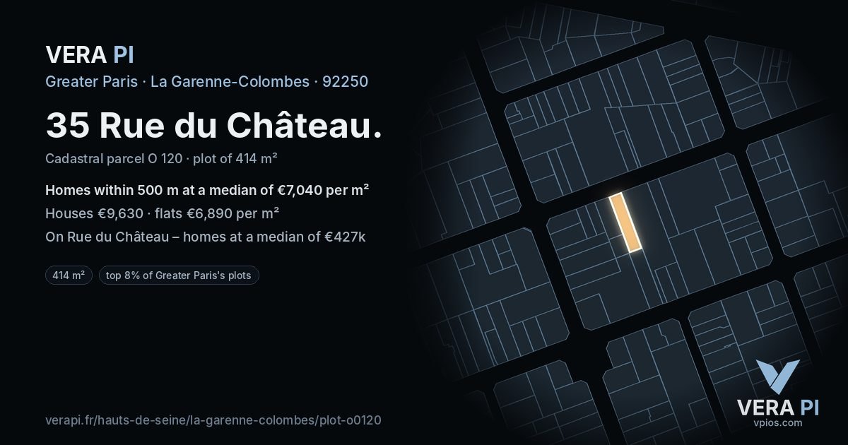 35 Rue du Château, La Garenne-Colombes at night – the plot lit, the parcels around coloured by the prices near them