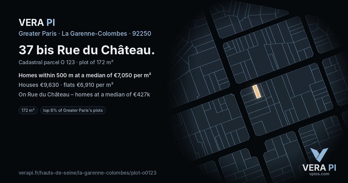 37 bis Rue du Château, La Garenne-Colombes at night – the plot lit, the parcels around coloured by the prices near them