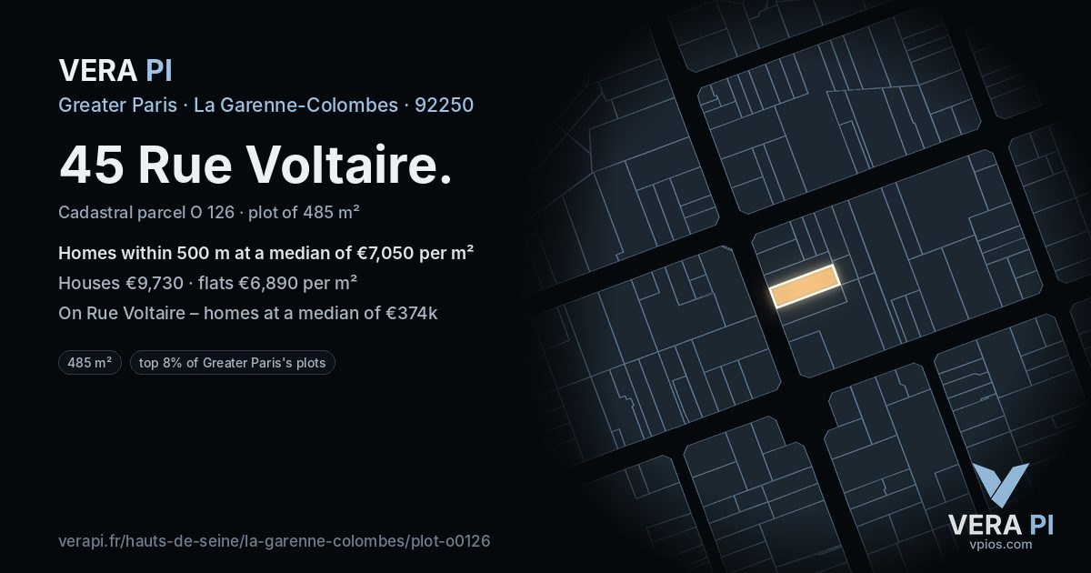 45 Rue Voltaire, La Garenne-Colombes at night – the plot lit, the parcels around coloured by the prices near them