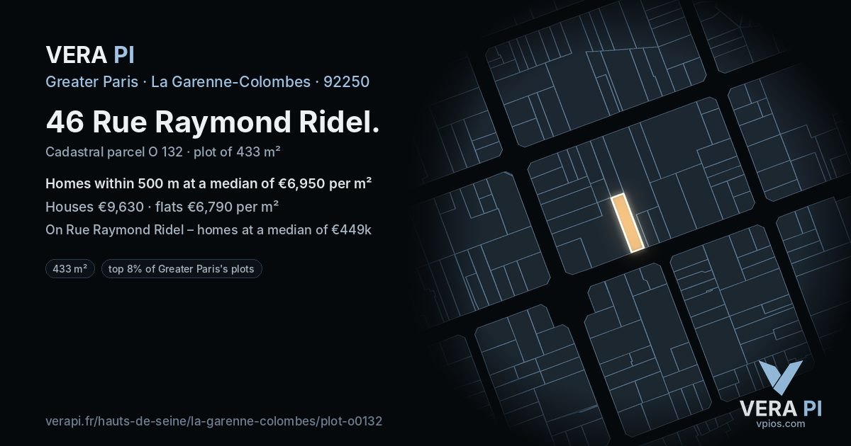 46 Rue Raymond Ridel, La Garenne-Colombes at night – the plot lit, the parcels around coloured by the prices near them