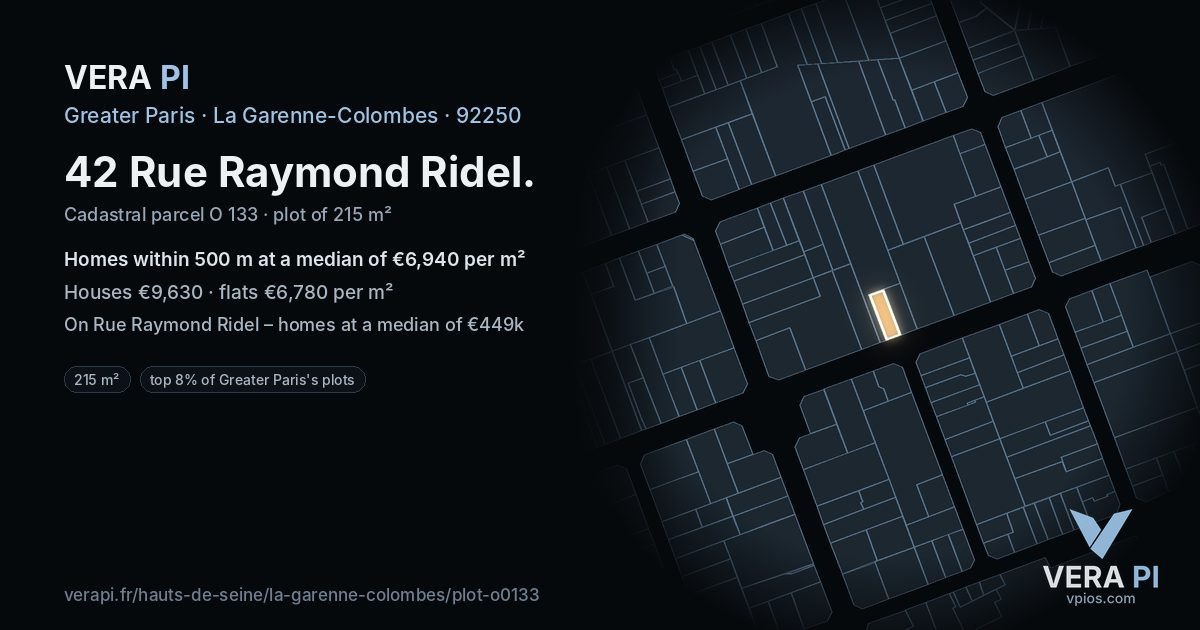 42 Rue Raymond Ridel, La Garenne-Colombes at night – the plot lit, the parcels around coloured by the prices near them