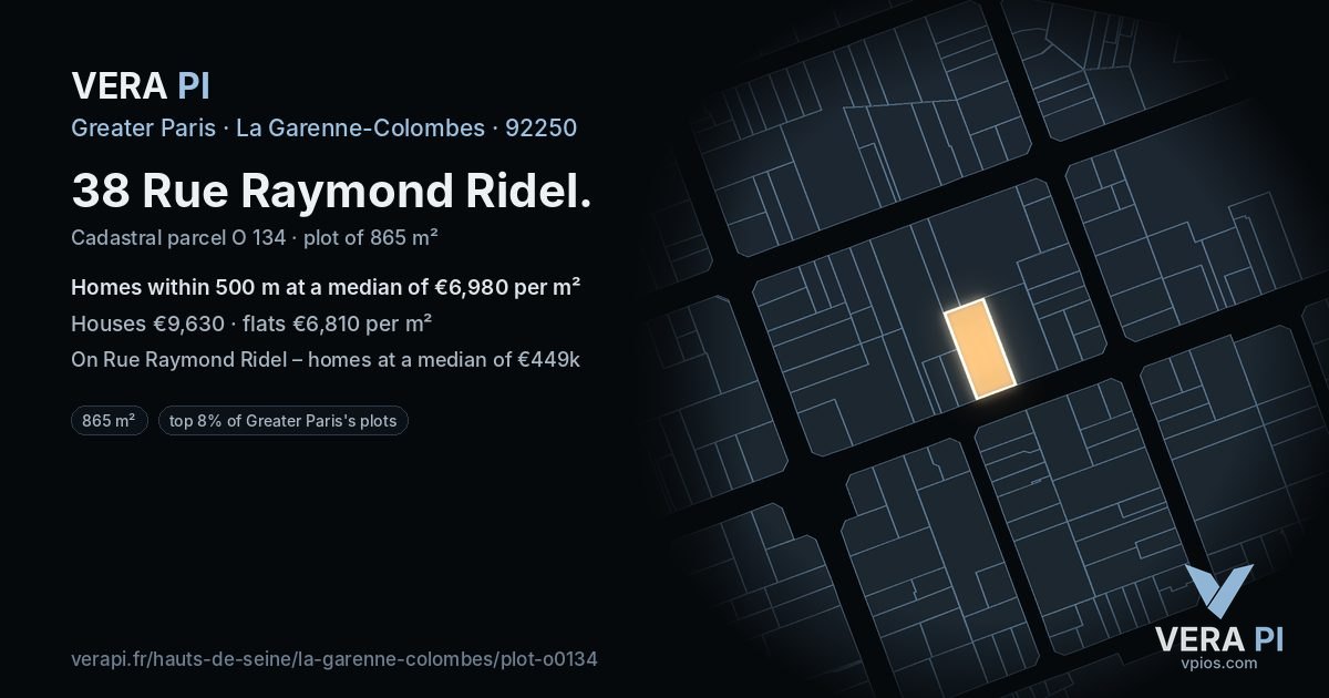 38 Rue Raymond Ridel, La Garenne-Colombes at night – the plot lit, the parcels around coloured by the prices near them