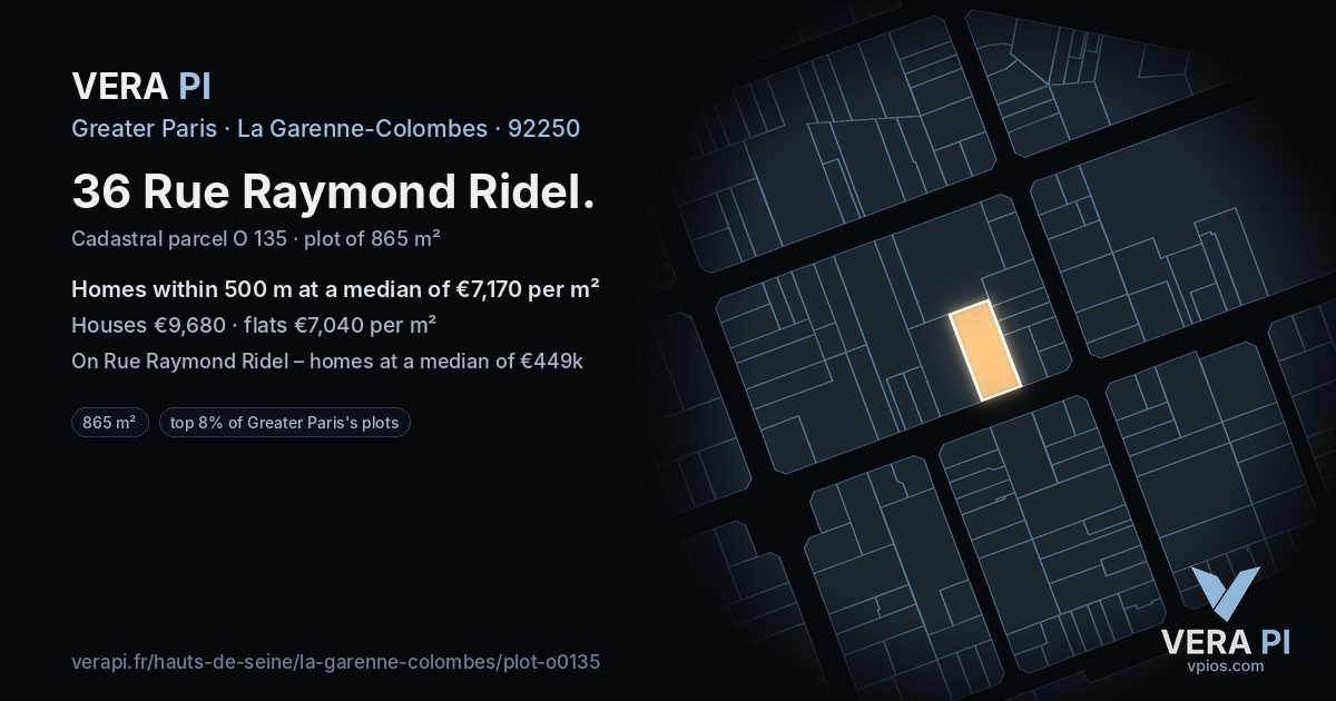 36 Rue Raymond Ridel, La Garenne-Colombes at night – the plot lit, the parcels around coloured by the prices near them