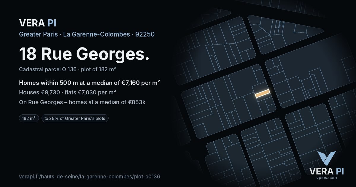 18 Rue Georges, La Garenne-Colombes at night – the plot lit, the parcels around coloured by the prices near them