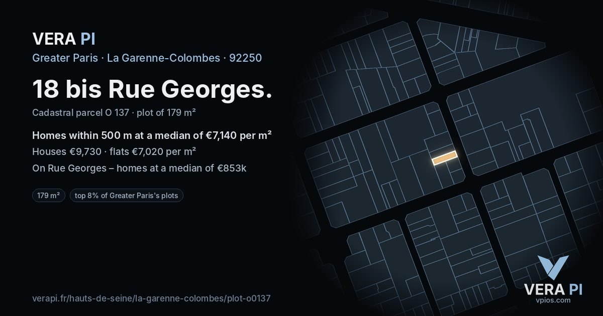 18 bis Rue Georges, La Garenne-Colombes at night – the plot lit, the parcels around coloured by the prices near them