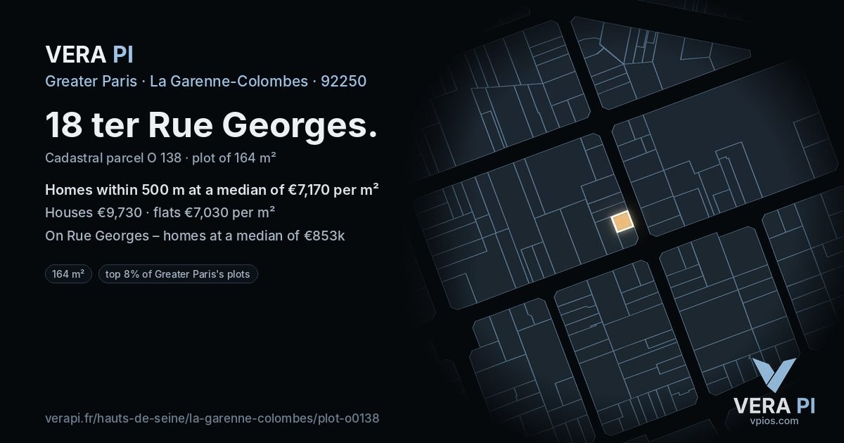 18 ter Rue Georges, La Garenne-Colombes at night – the plot lit, the parcels around coloured by the prices near them