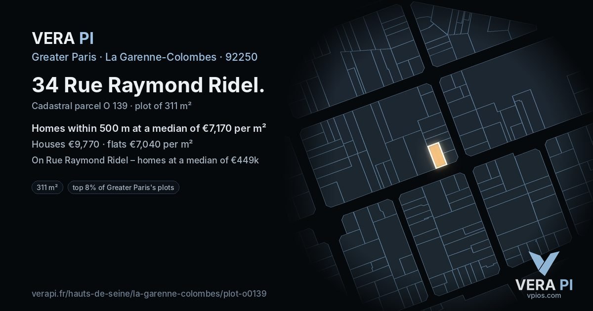 34 Rue Raymond Ridel, La Garenne-Colombes at night – the plot lit, the parcels around coloured by the prices near them