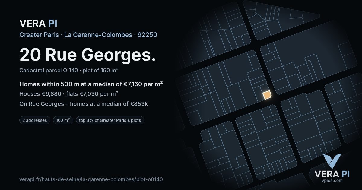20 Rue Georges, La Garenne-Colombes at night – the plot lit, the parcels around coloured by the prices near them