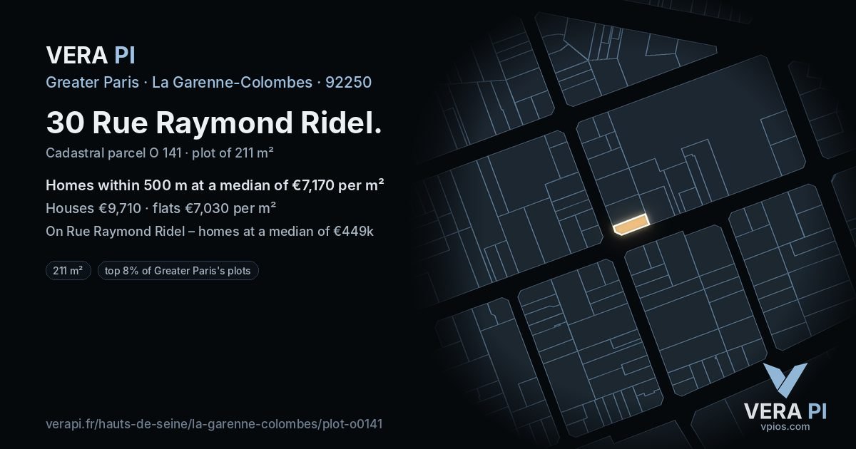30 Rue Raymond Ridel, La Garenne-Colombes at night – the plot lit, the parcels around coloured by the prices near them