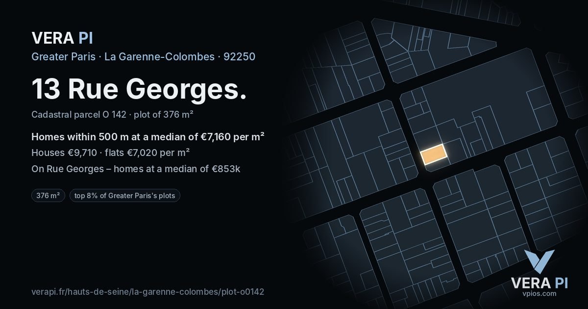 13 Rue Georges, La Garenne-Colombes at night – the plot lit, the parcels around coloured by the prices near them