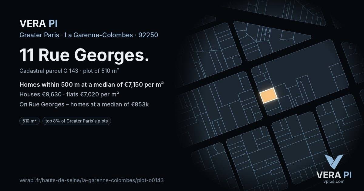 11 Rue Georges, La Garenne-Colombes at night – the plot lit, the parcels around coloured by the prices near them