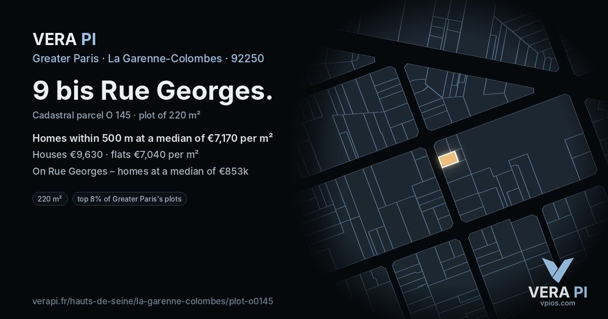 9 bis Rue Georges, La Garenne-Colombes at night – the plot lit, the parcels around coloured by the prices near them