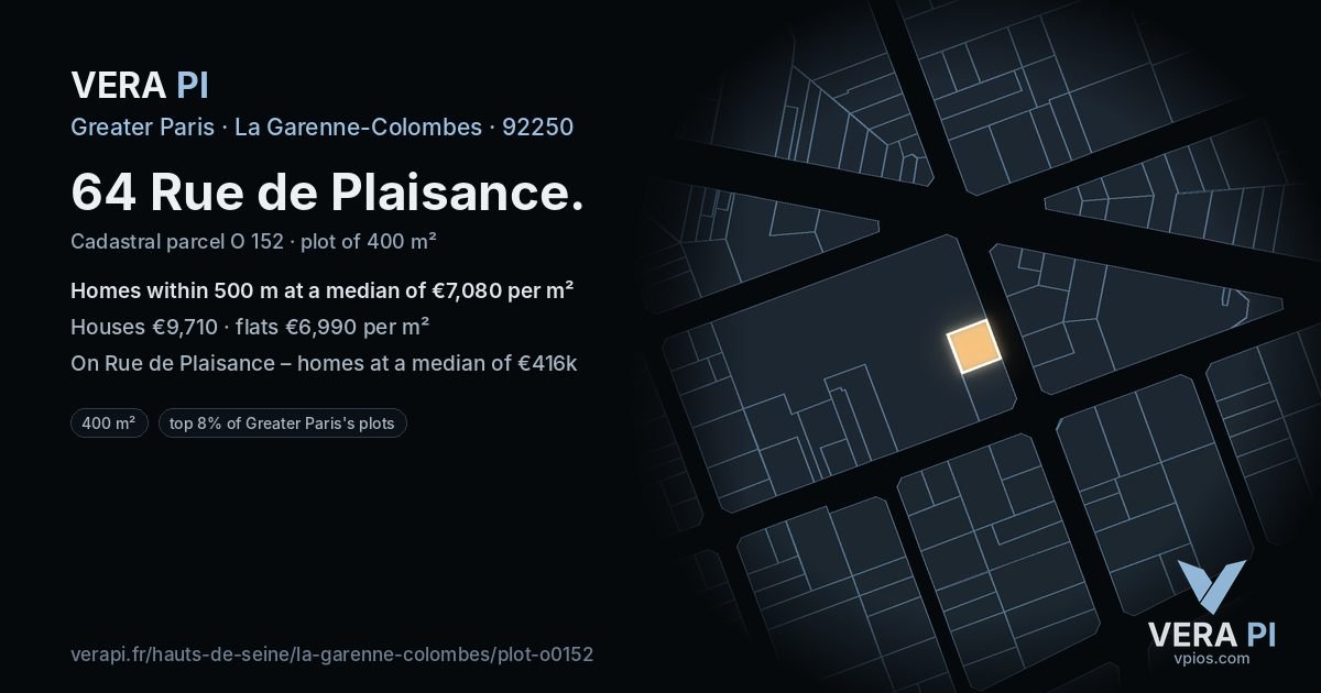 64 Rue de Plaisance, La Garenne-Colombes at night – the plot lit, the parcels around coloured by the prices near them