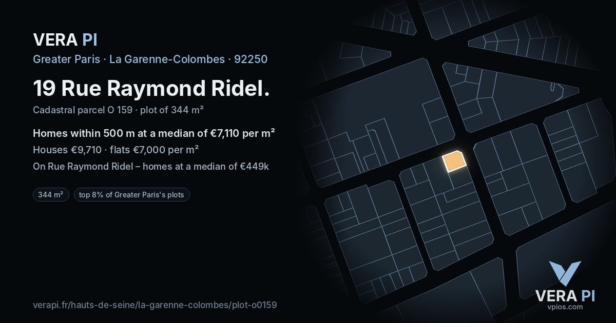 19 Rue Raymond Ridel, La Garenne-Colombes at night – the plot lit, the parcels around coloured by the prices near them