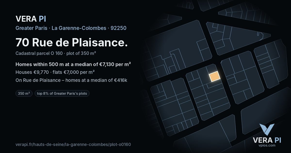 70 Rue de Plaisance, La Garenne-Colombes at night – the plot lit, the parcels around coloured by the prices near them